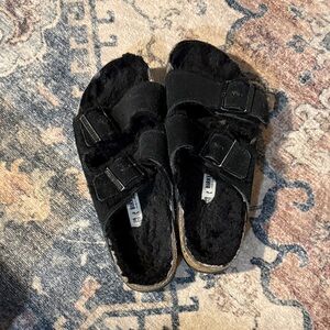 Birkenstock Black Shearling Sandals